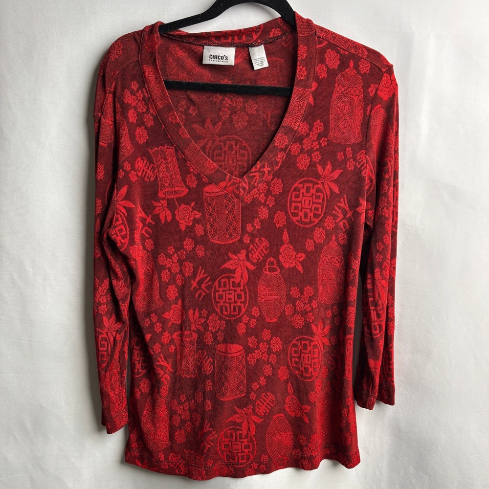 VTG Chicos Travelers Red Asian Print V-Neck 3/4 Sleeve Blouse L Slinky 90s Y2K